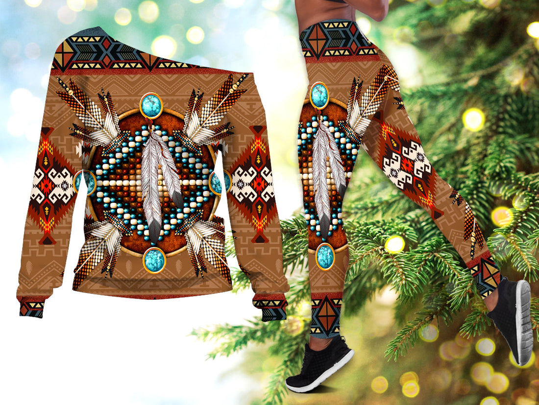 Pattern Brown Mandala Native American Off shoulder Sweater Leggings Set LT10