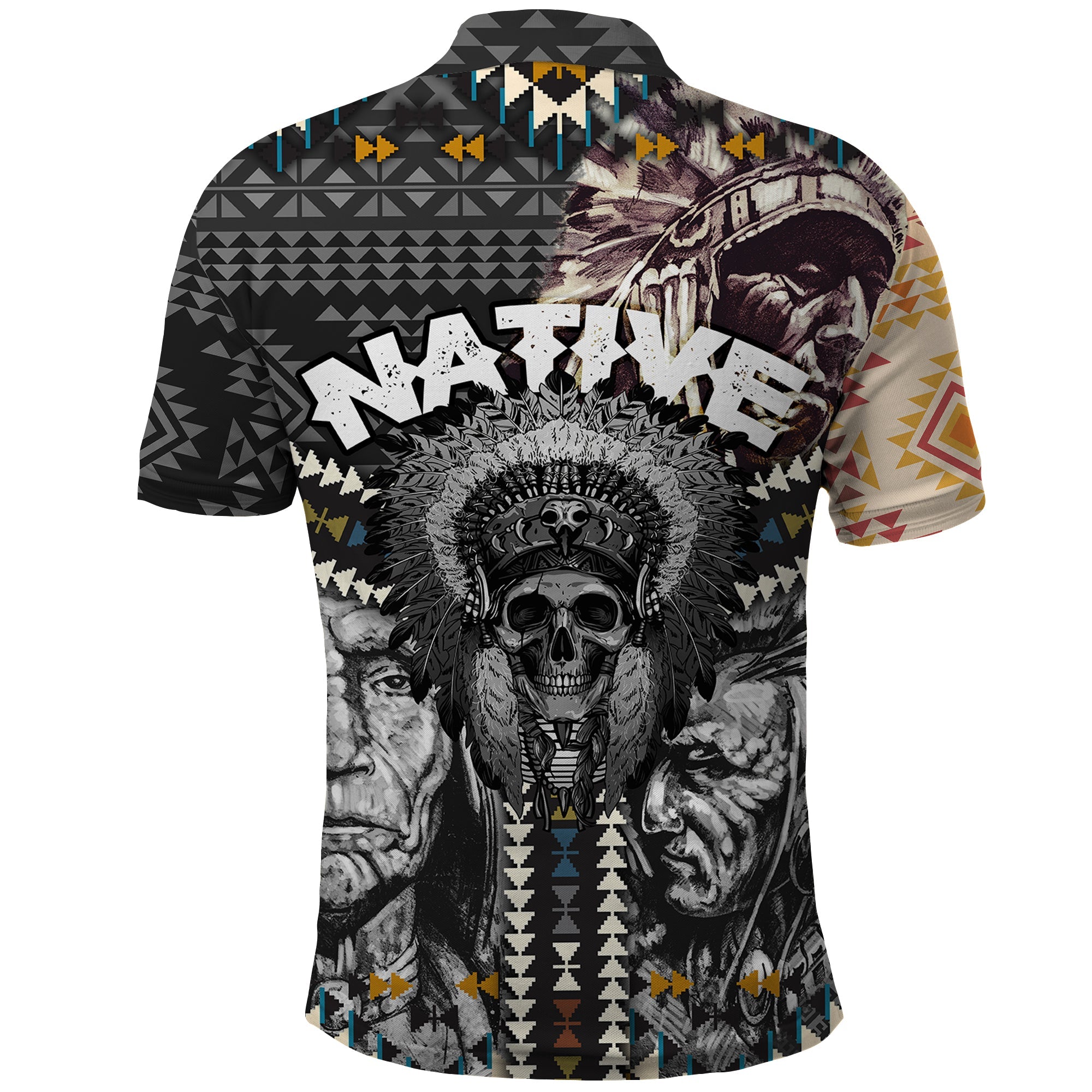 Native American Headdress Gray With Human Skull African Pattern Polo Shirt TS04