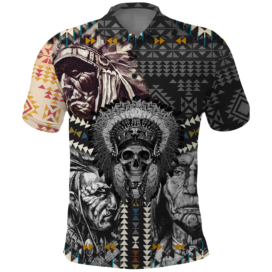 Native American Headdress Gray With Human Skull African Pattern Polo Shirt TS04