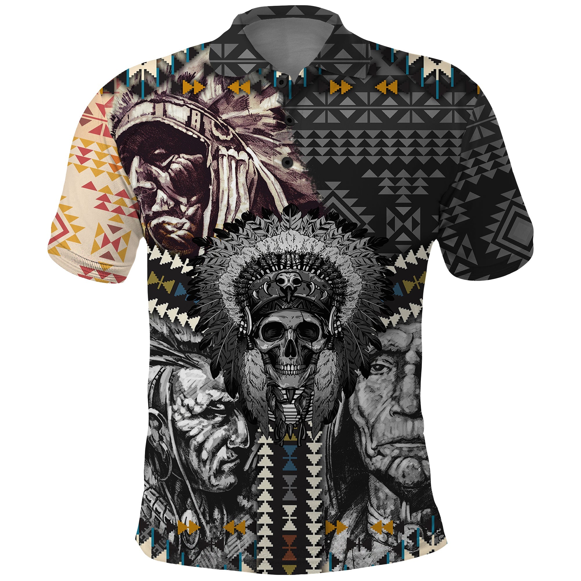 Native American Headdress Gray With Human Skull African Pattern Polo Shirt TS04