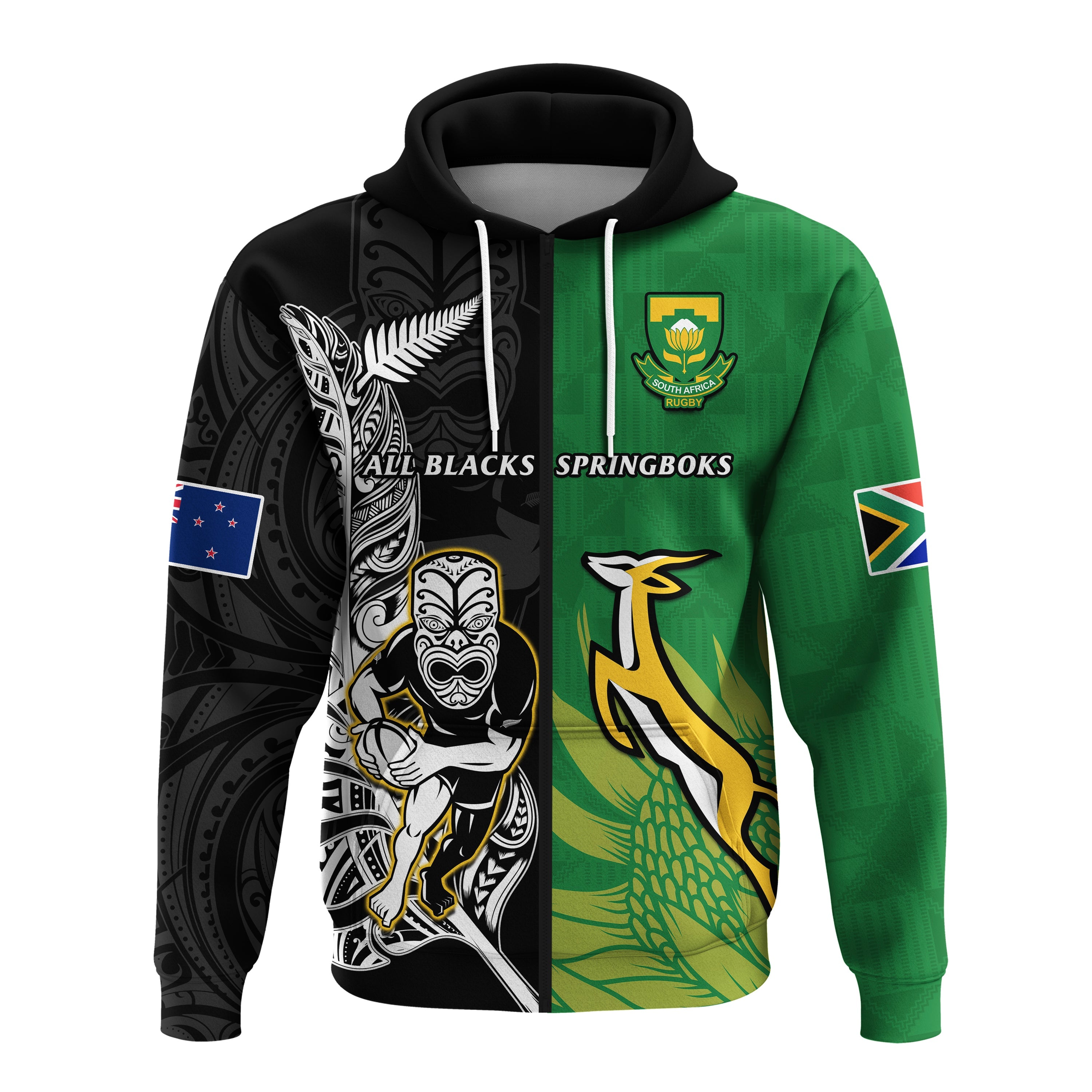 Custom New Zealand And South Africa Rugby Hoodie All Black Maori Mix Springboks LT14