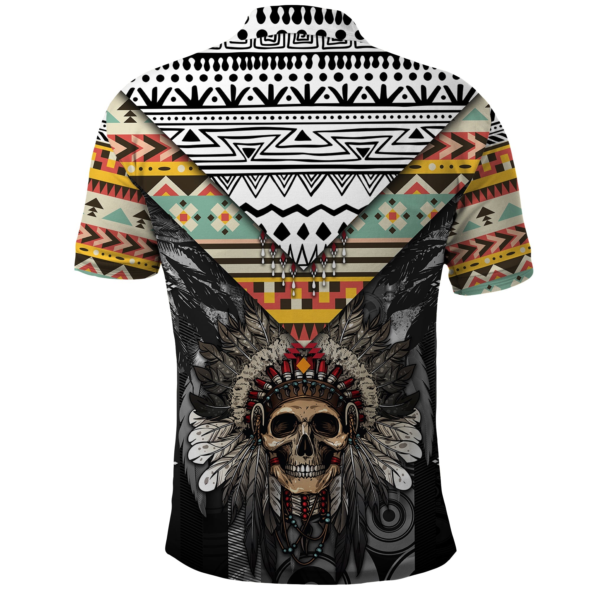 Native American Headdress With Human Skull African Pattern With Geometric Motifs Polo Shirt TS04