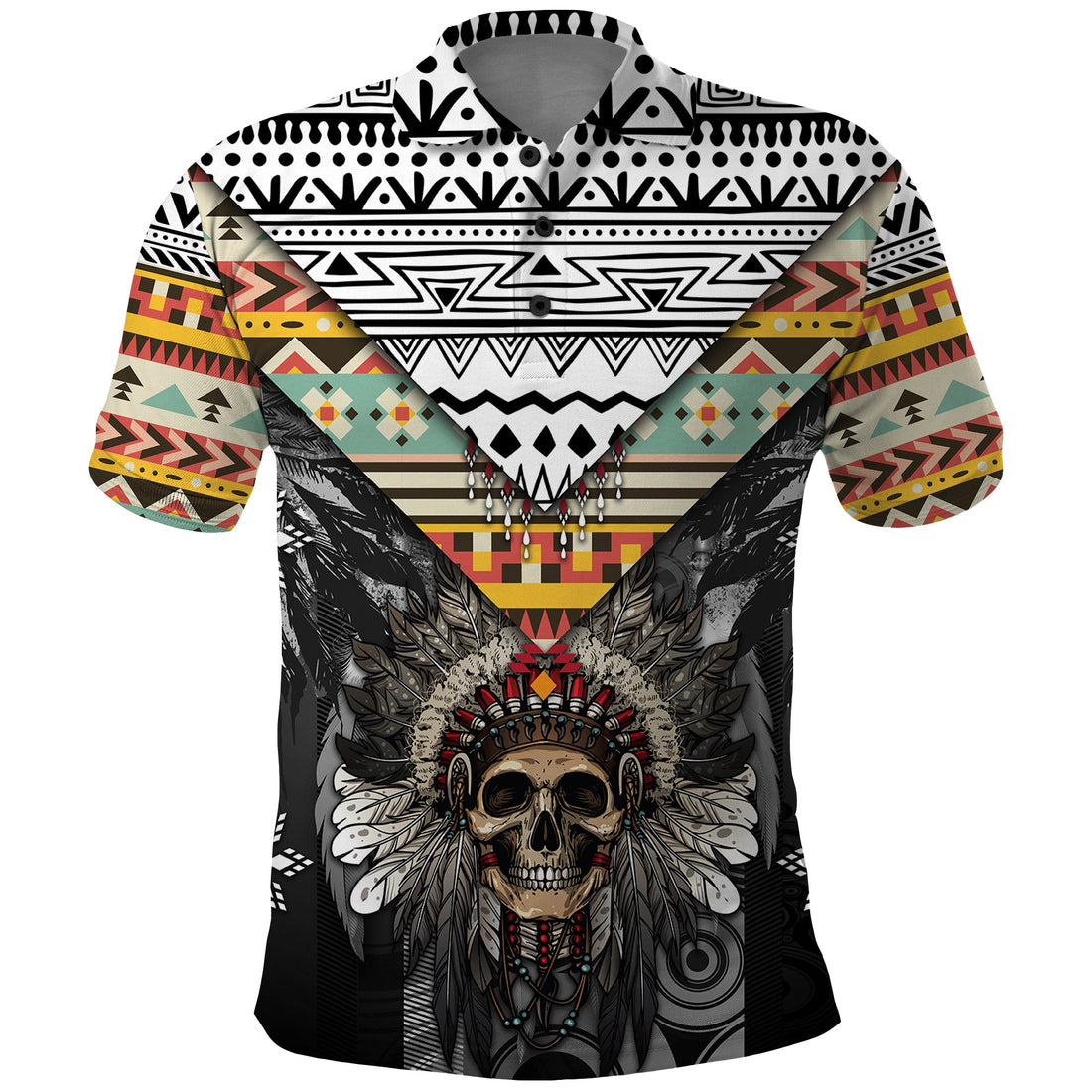 Native American Headdress With Human Skull African Pattern With Geometric Motifs Polo Shirt TS04
