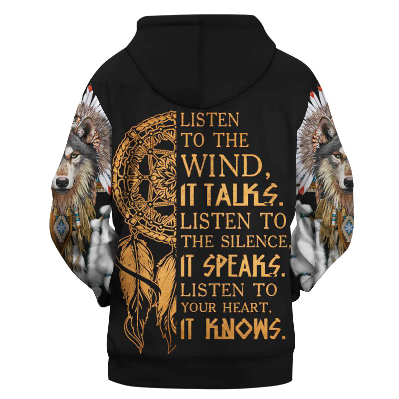 Native American Wolf With Feather Headdress 3D Hoodie LT10
