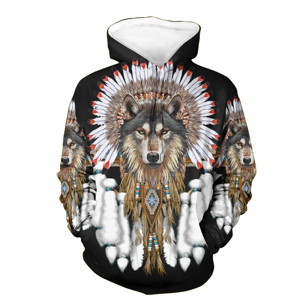 Native American Wolf With Feather Headdress 3D Hoodie LT10
