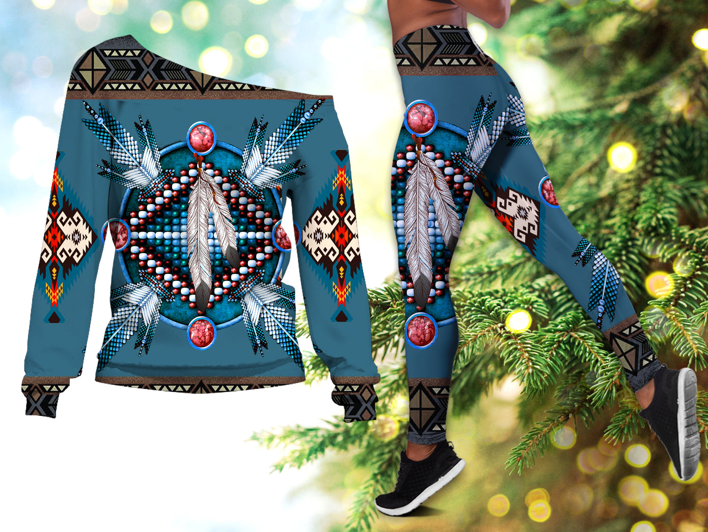 Pattern Blue Mandala Native American Off shoulder Sweater Leggings Set LT10
