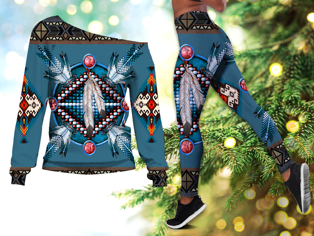 Pattern Blue Mandala Native American Off shoulder Sweater Leggings Set LT10