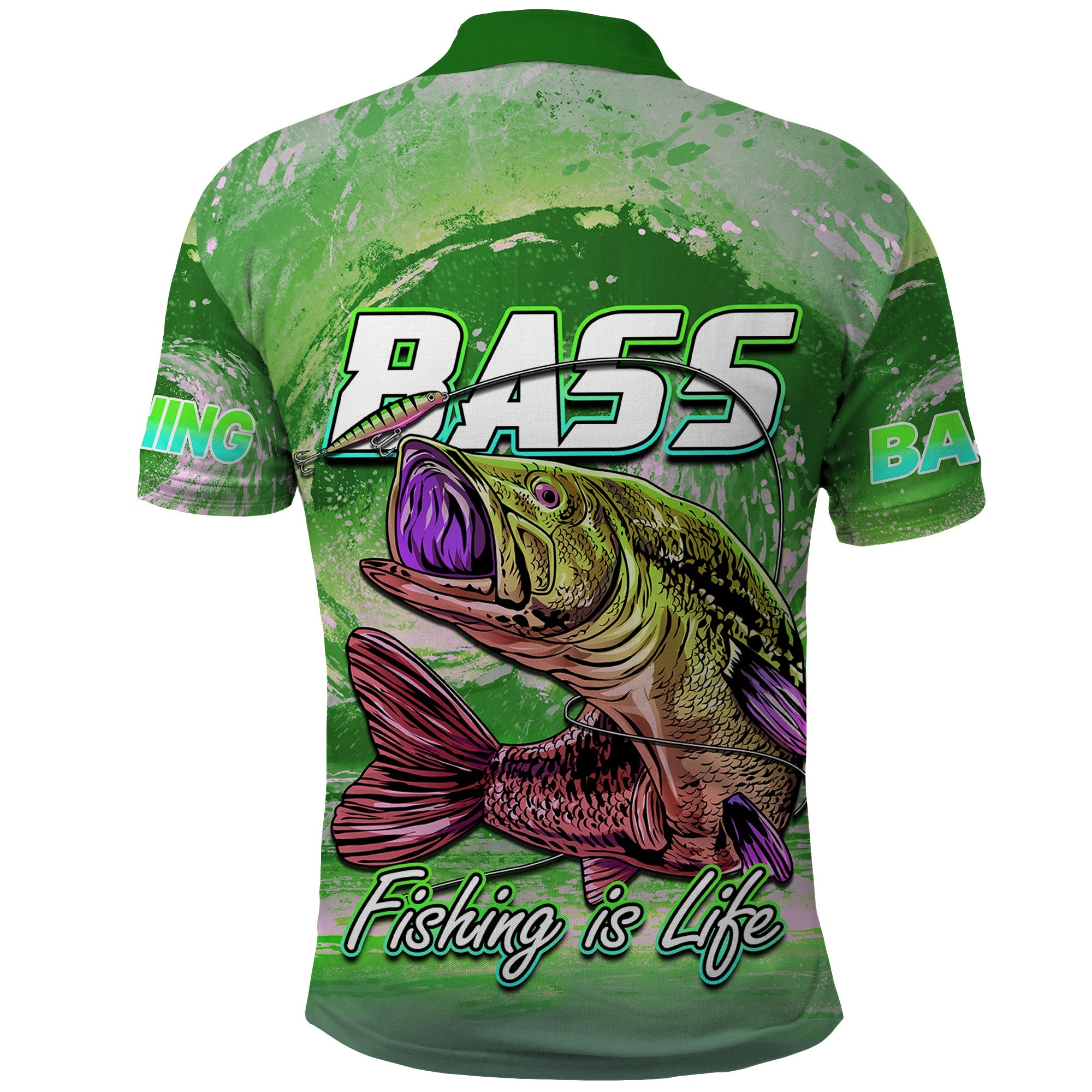 Bass Fishing Polo Shirt Fishing is Life Hook Sport Largemouth Green LT9