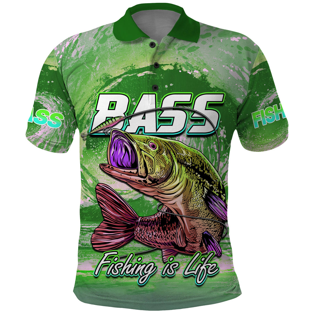 Bass Fishing Polo Shirt Fishing is Life Hook Sport Largemouth Green LT9