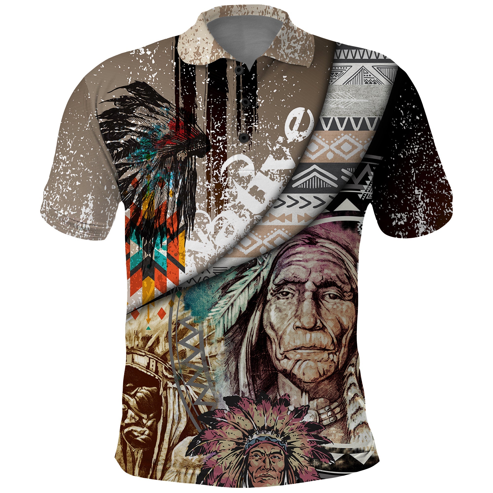 Native American Feather Headdress Portrait Of American Indian Colorful Distress Beton Texture Polo Shirt TS04