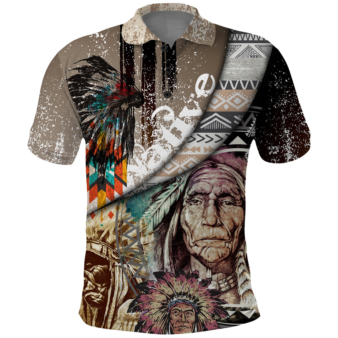 Native American Feather Headdress Portrait Of American Indian Colorful Distress Beton Texture Polo Shirt TS04