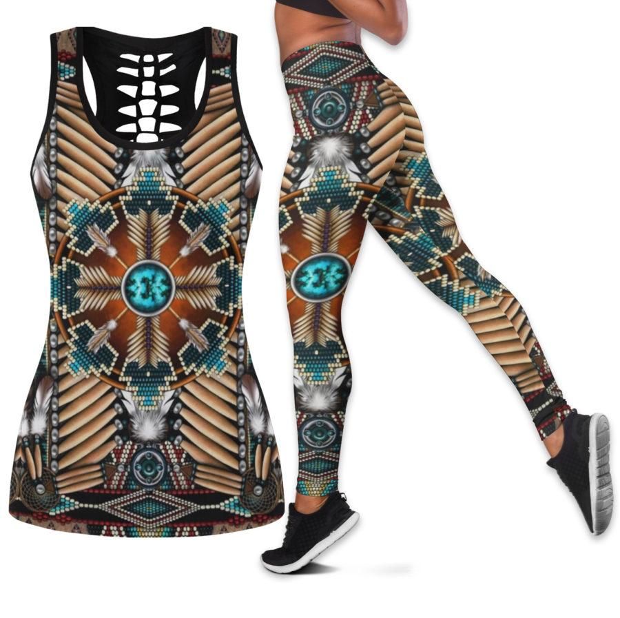 Naumaddic Arts Brown Native American Hollow Tanktop Leggings Set LT10