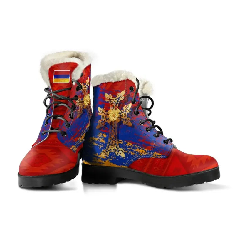 Armenia Khachkar, Armenian Cross Special Faux Fur Leather Boots RLT8