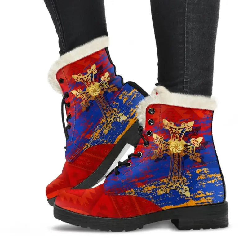 Armenia Khachkar, Armenian Cross Special Faux Fur Leather Boots RLT8