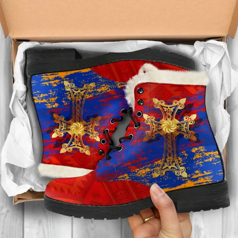 Armenia Khachkar, Armenian Cross Special Faux Fur Leather Boots RLT8