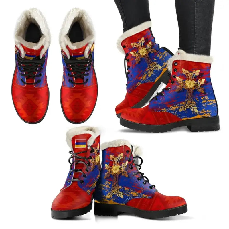 Armenia Khachkar, Armenian Cross Special Faux Fur Leather Boots RLT8