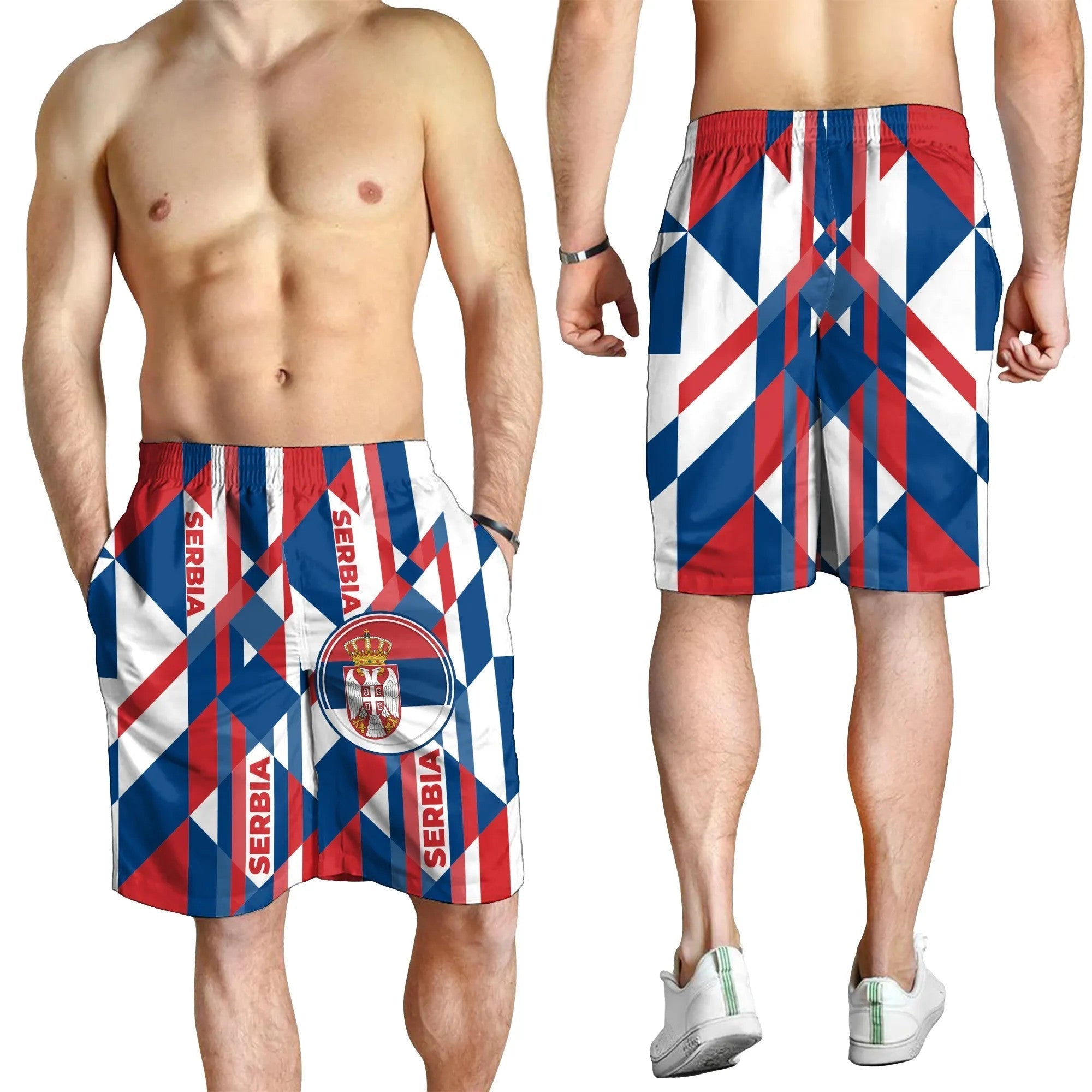 Men's Shorts Serbia Flag Color With Coat Of Arm RLT7