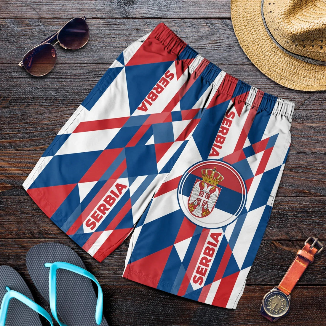 Men's Shorts Serbia Flag Color With Coat Of Arm RLT7