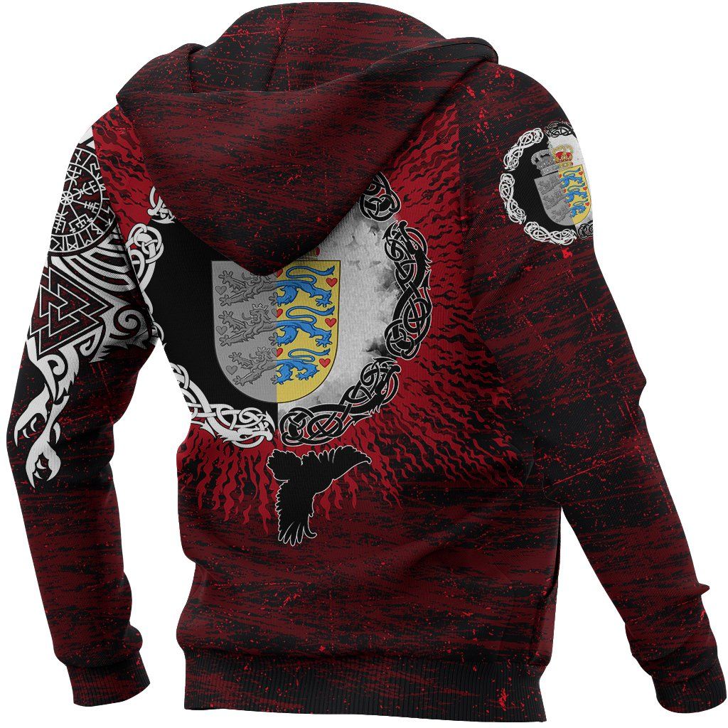 Viking Hoodie Denmark Raven of Odin and Symbol Viking on Blood Background RLT13