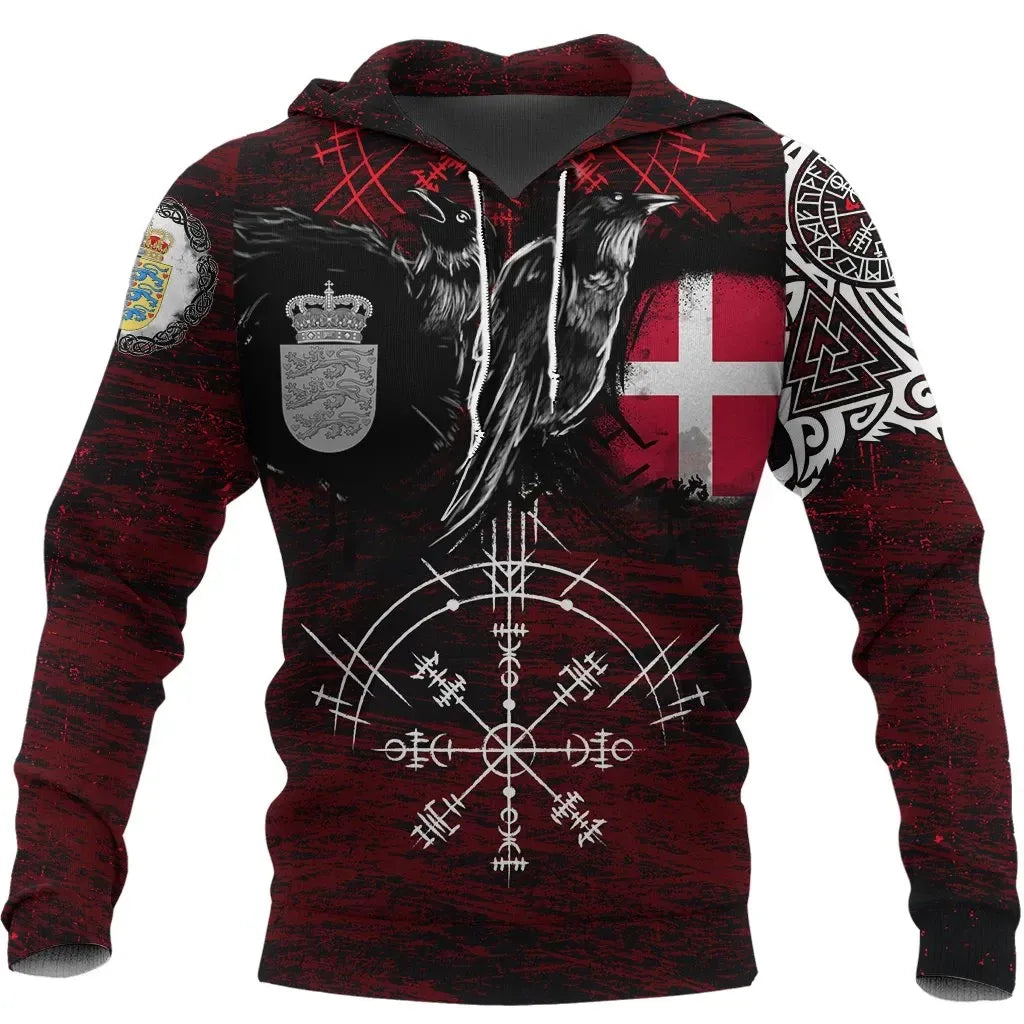 Viking Hoodie Denmark Raven of Odin and Symbol Viking on Blood Background RLT13