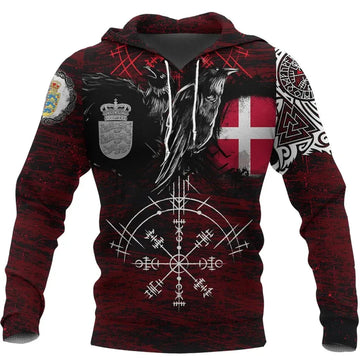 Viking Hoodie Denmark Raven of Odin and Symbol Viking on Blood Background RLT13