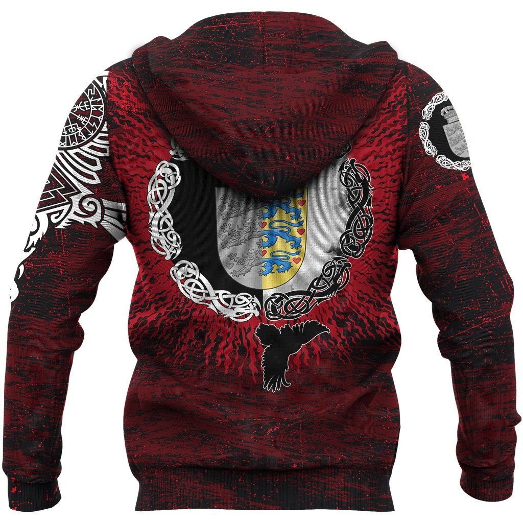 Viking Hoodie Denmark Raven of Odin and Symbol Viking on Blood Background RLT13