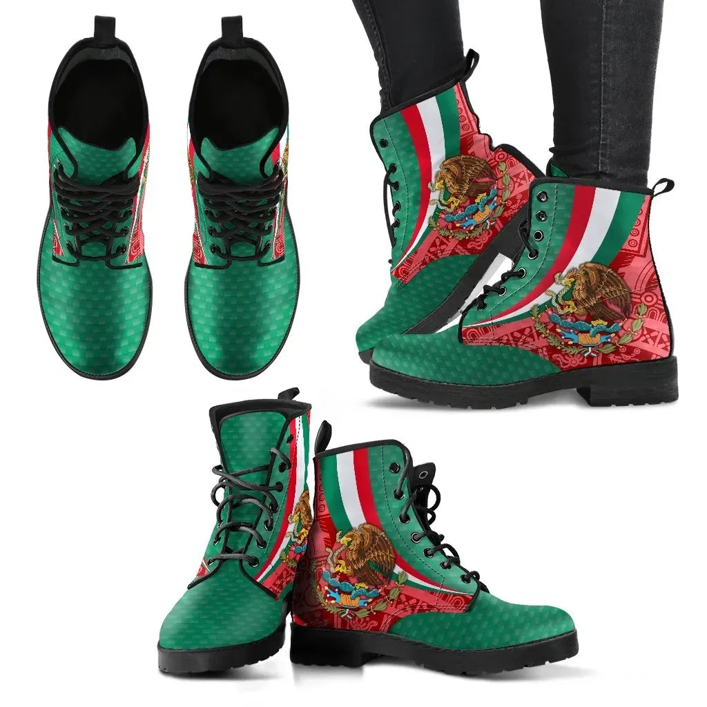 Mexico Leather Boots Mexico Coat Of Arms With Aztec Patterns RLT13