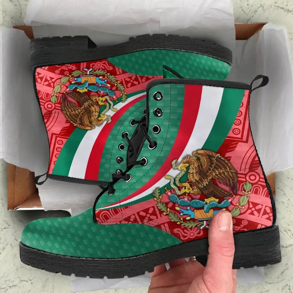 Mexico Leather Boots Mexico Coat Of Arms With Aztec Patterns RLT13