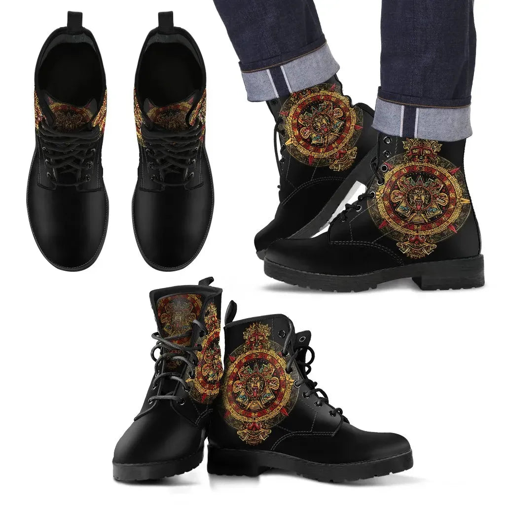 Mexico Leather Boots Aztec Sun Stone Tattoo RLT13