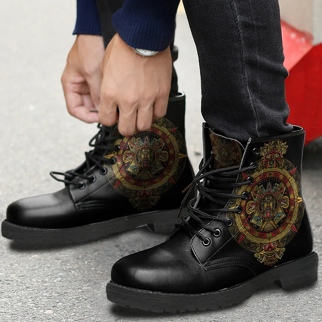 Mexico Leather Boots Aztec Sun Stone Tattoo RLT13