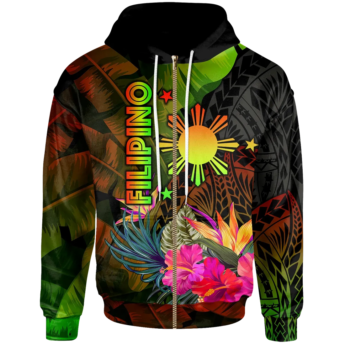 The Philippines Polynesian Zip Up Hoodie Hibiscus and Banana Leaves RLT6