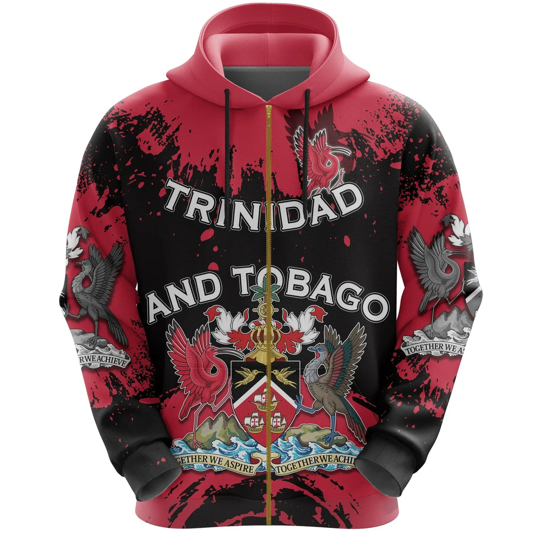 Trinidad and Tobago Scarlet Ibis All Over Zip Hoodie Coat Of Arms RLT6