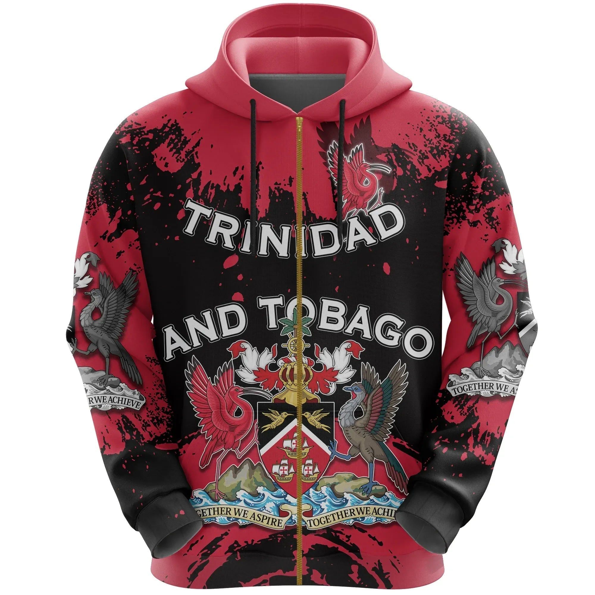 Trinidad and Tobago Scarlet Ibis All Over Zip Hoodie Coat Of Arms RLT6
