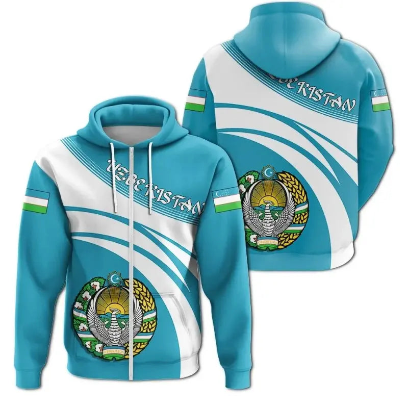 Uzbekistan Zip Hoodie Coat Of Arms Cricket Style RLT12