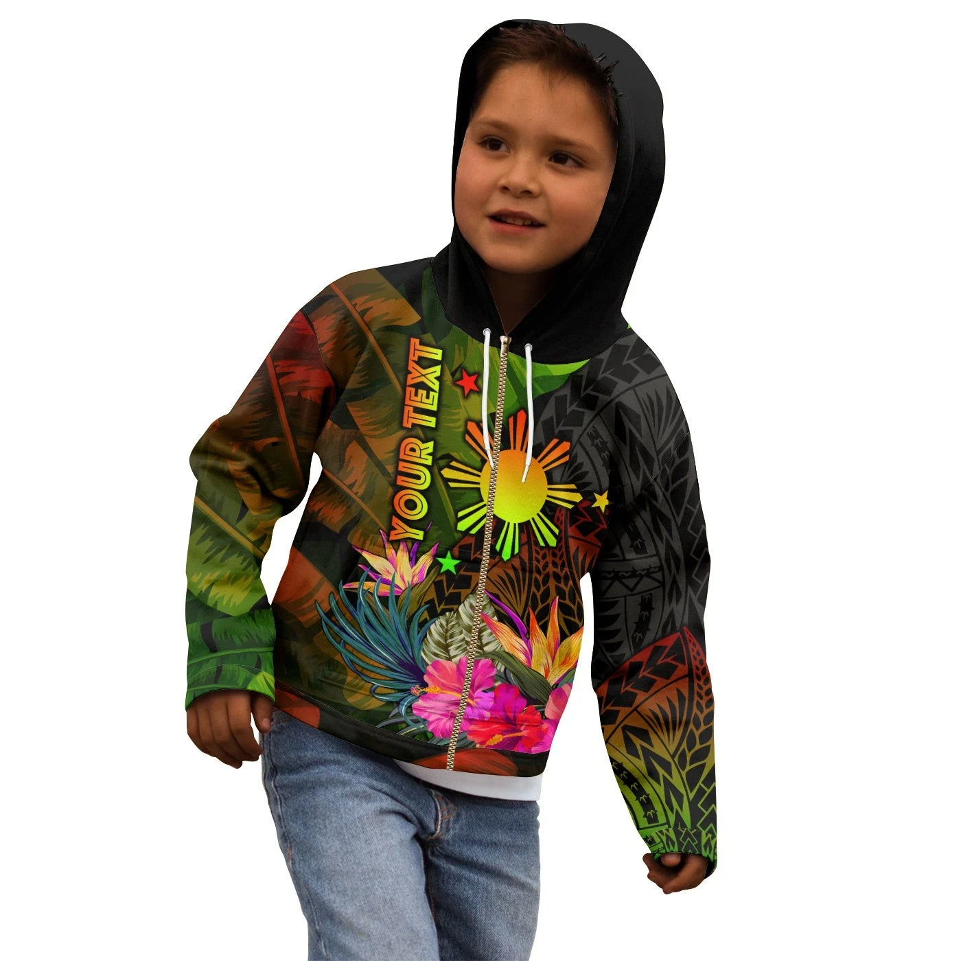 Custom The Philippines Polynesian Zip Up Hoodie Hibiscus and Banana Leaves RLT6