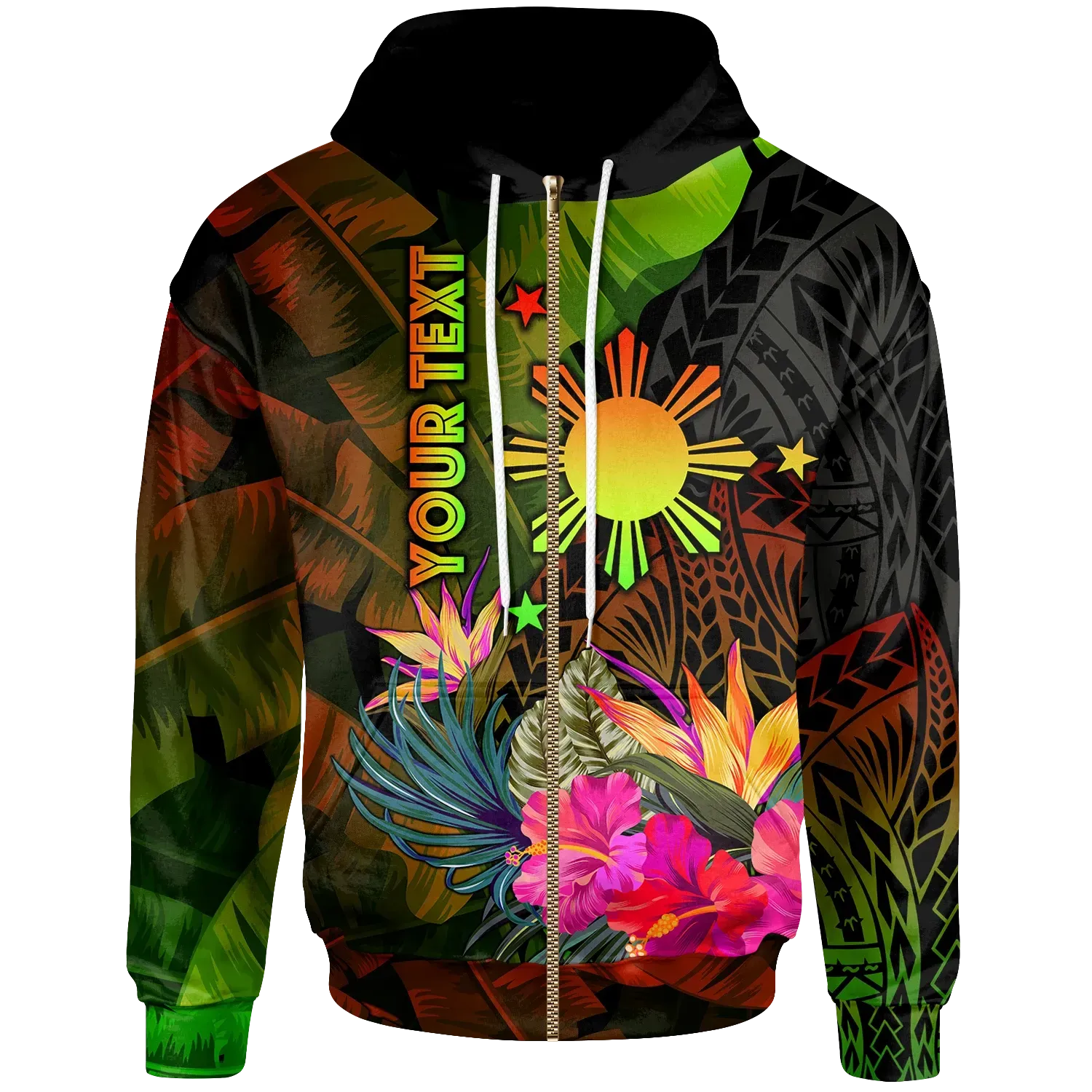 Custom The Philippines Polynesian Zip Up Hoodie Hibiscus and Banana Leaves RLT6