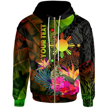 Custom The Philippines Polynesian Zip Up Hoodie Hibiscus and Banana Leaves RLT6