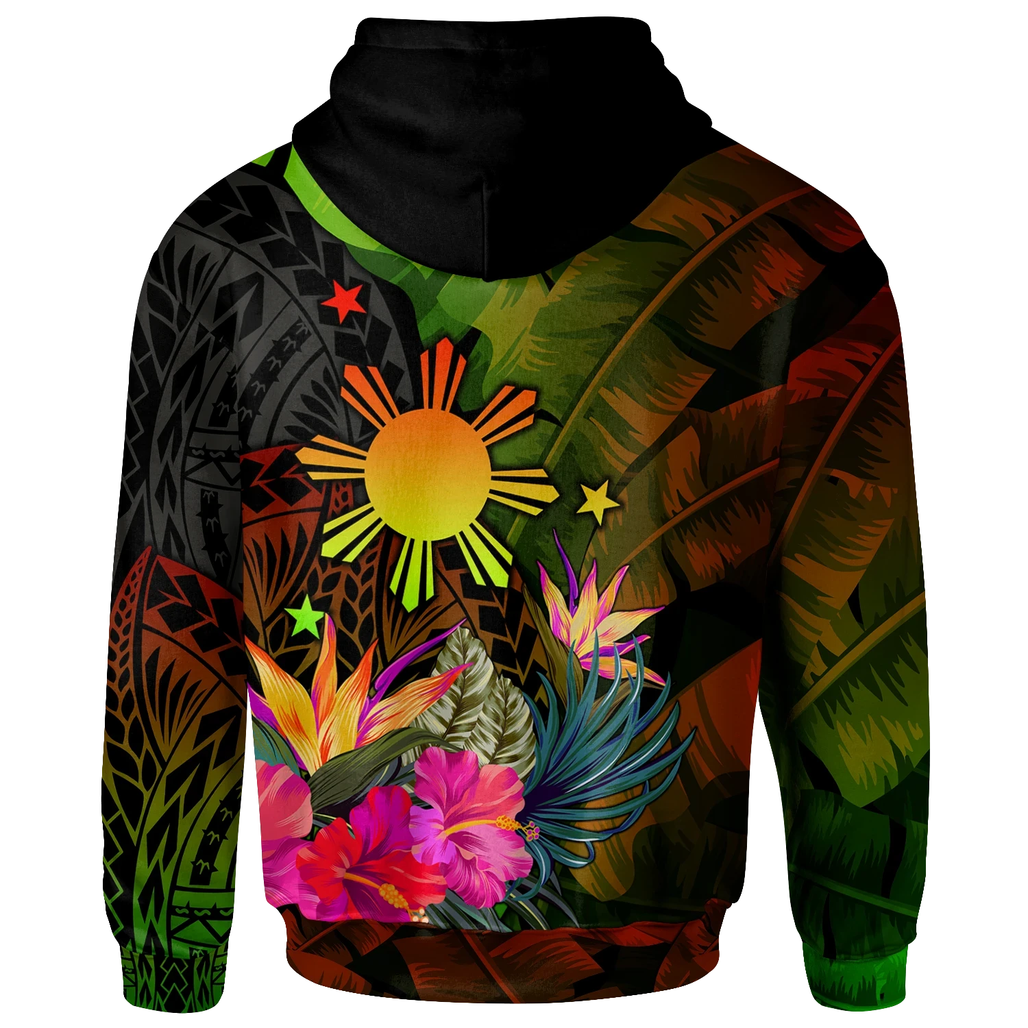 Custom The Philippines Polynesian Zip Up Hoodie Hibiscus and Banana Leaves RLT6