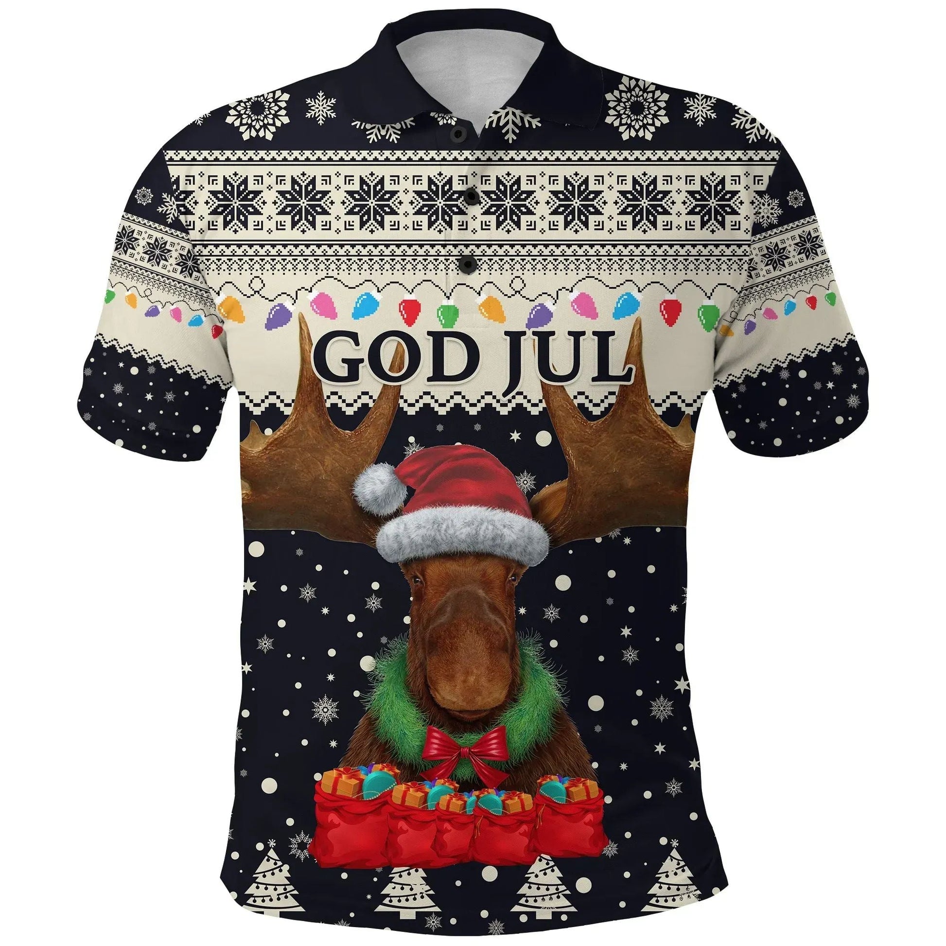 Sweden Polo Shirt Christmas Moose Navy RLT7