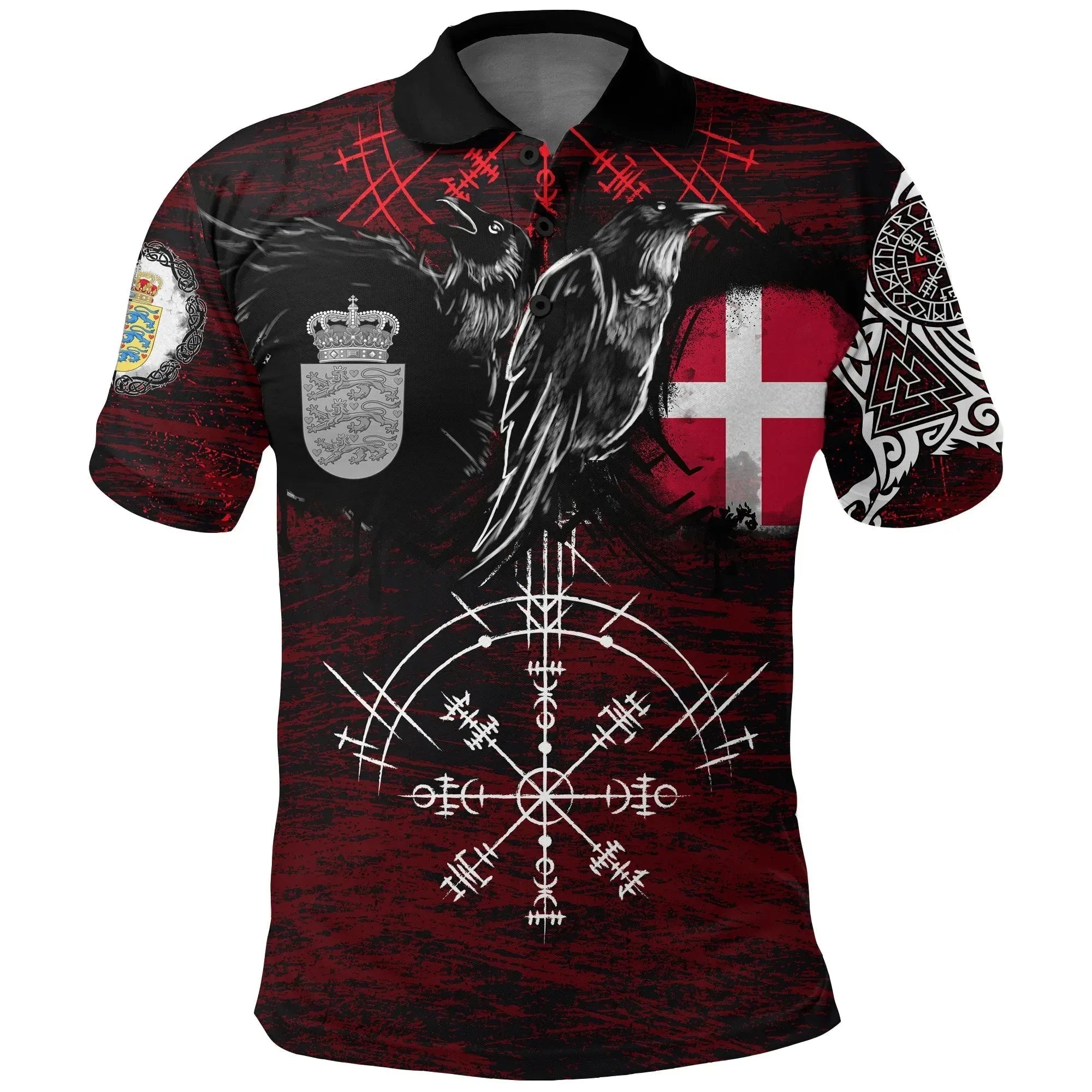 Viking Polo Shirt Denmark Raven of Odin and Symbol Viking on Blood Background RLT13