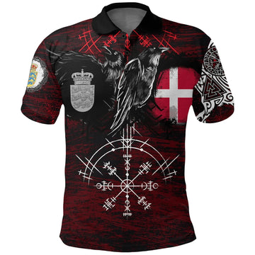 Viking Polo Shirt Denmark Raven of Odin and Symbol Viking on Blood Background RLT13