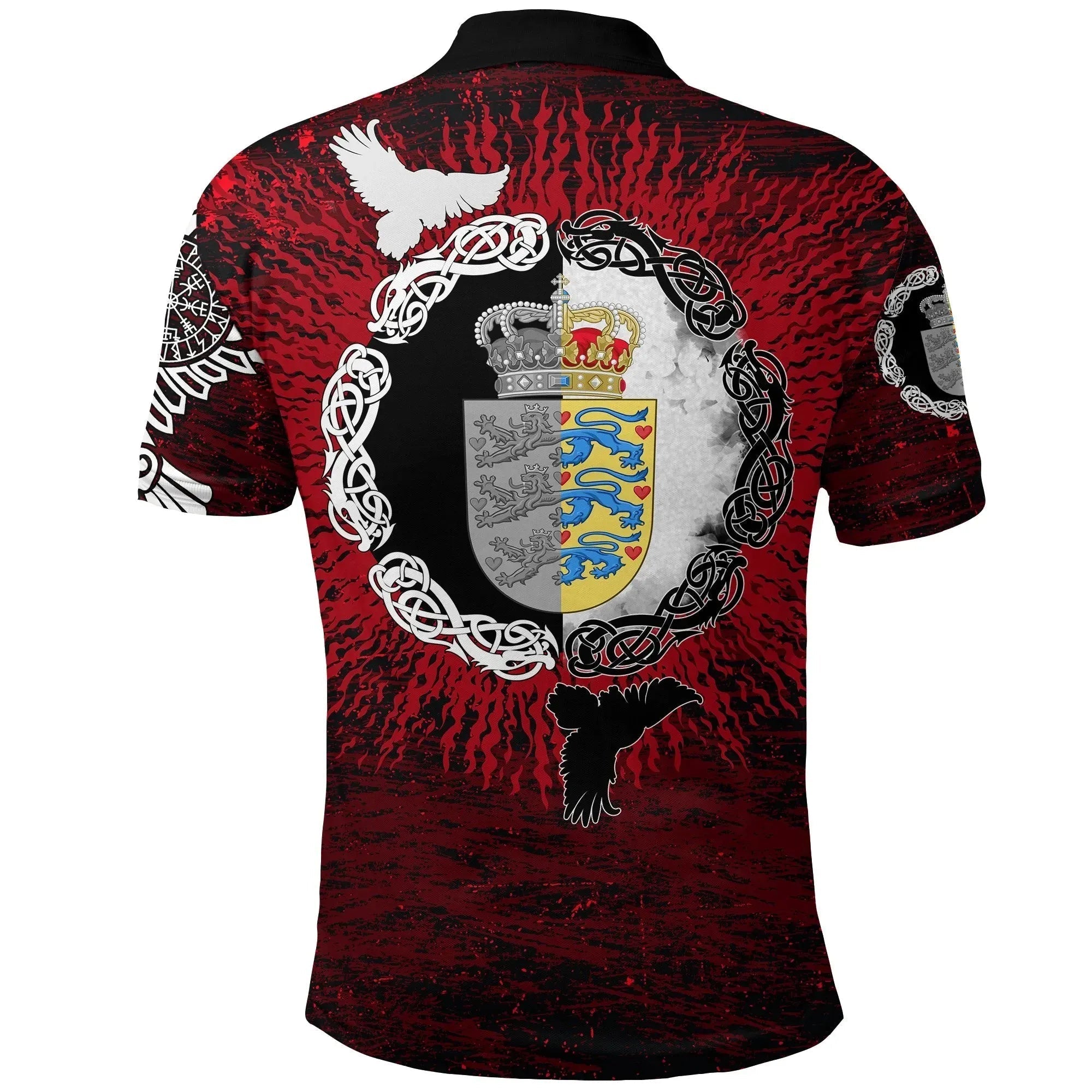 Viking Polo Shirt Denmark Raven of Odin and Symbol Viking on Blood Background RLT13