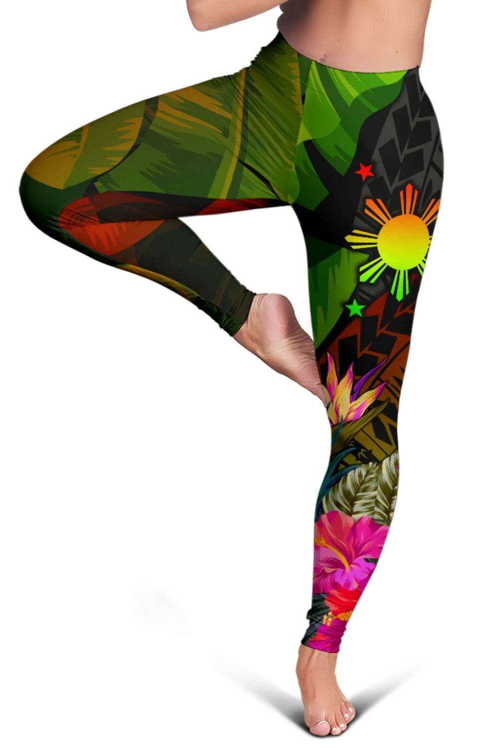 The Philippines Polynesian Personalised Women's Leggings Hibiscus and Banana Leaves RLT6