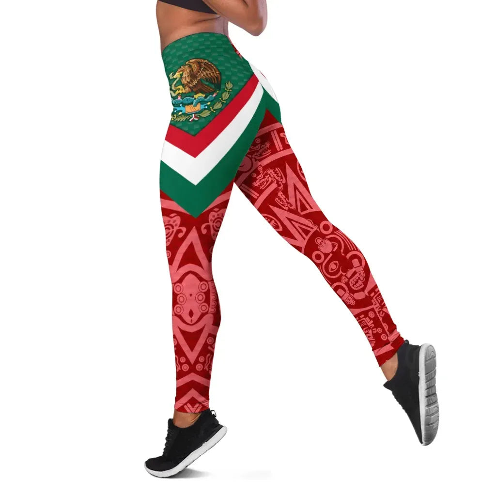 Mexico Leggings Mexico Coat Of Arms With Aztec Patterns RLT13