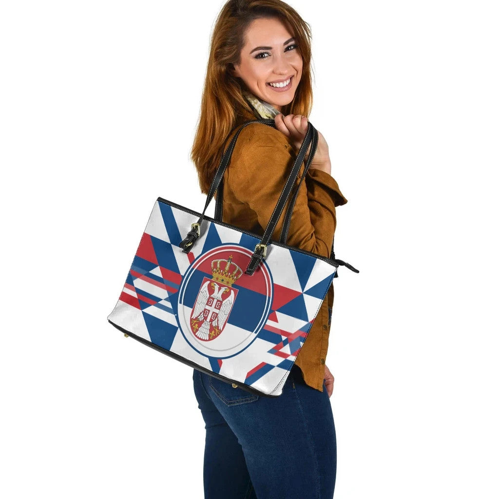 Leather Tote Bag - Serbia Flag Color With Coat Of Arm RLT7