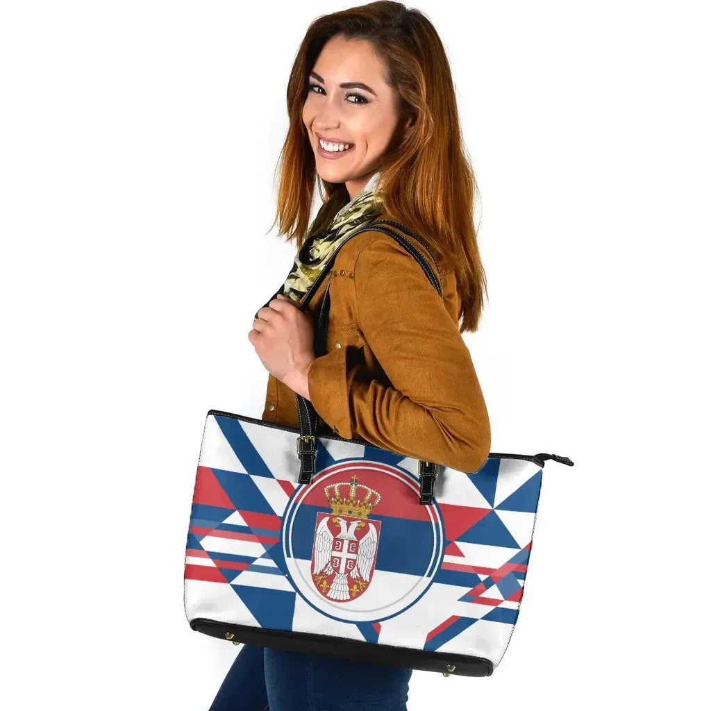 Leather Tote Bag - Serbia Flag Color With Coat Of Arm RLT7