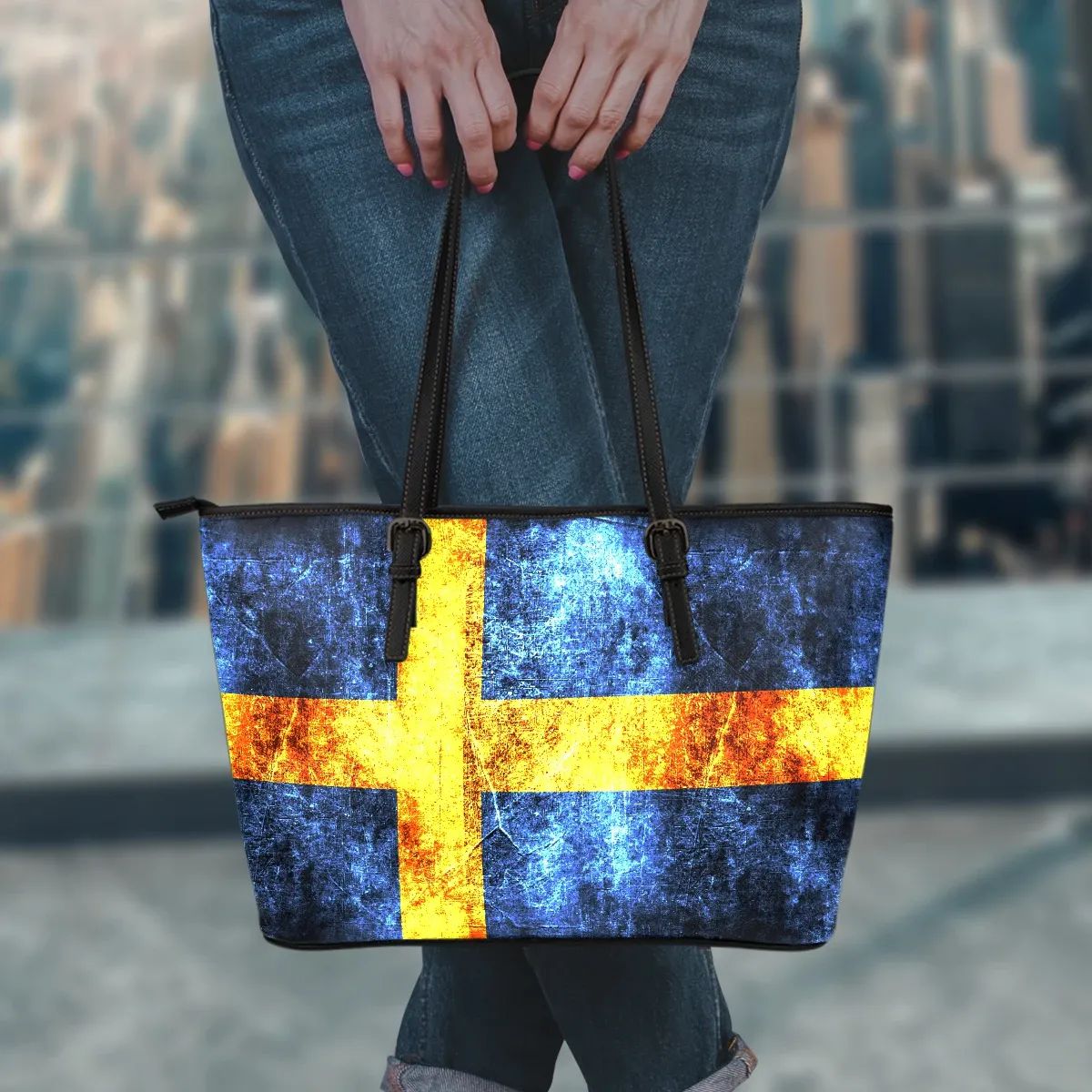 Sweden Grunge Flag Leather Tote Bag RLT7