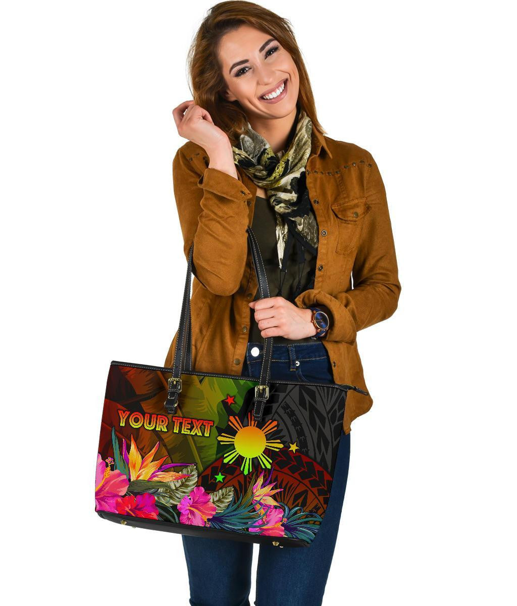 The Philippines Polynesian Personalised Leather Tote Bag Hibiscus and Banana Leaves RLT6