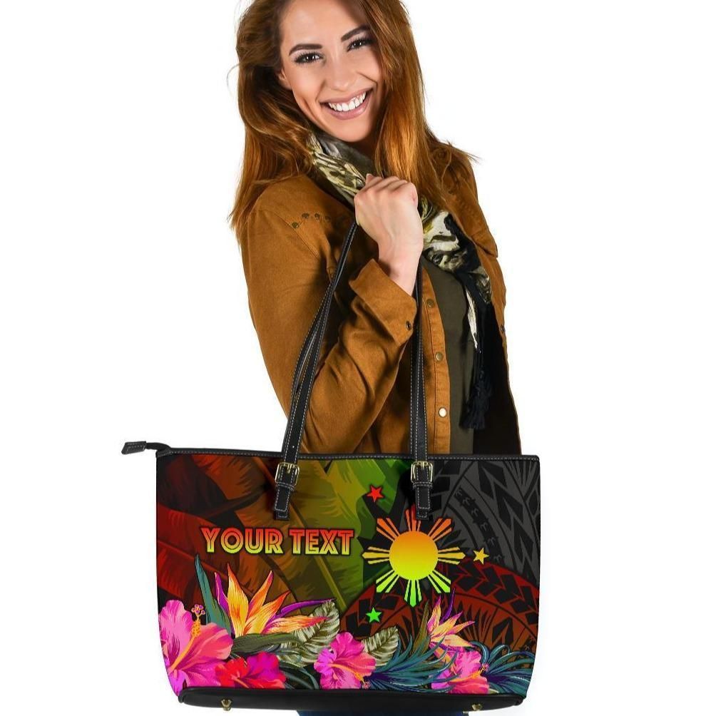 The Philippines Polynesian Personalised Leather Tote Bag Hibiscus and Banana Leaves RLT6