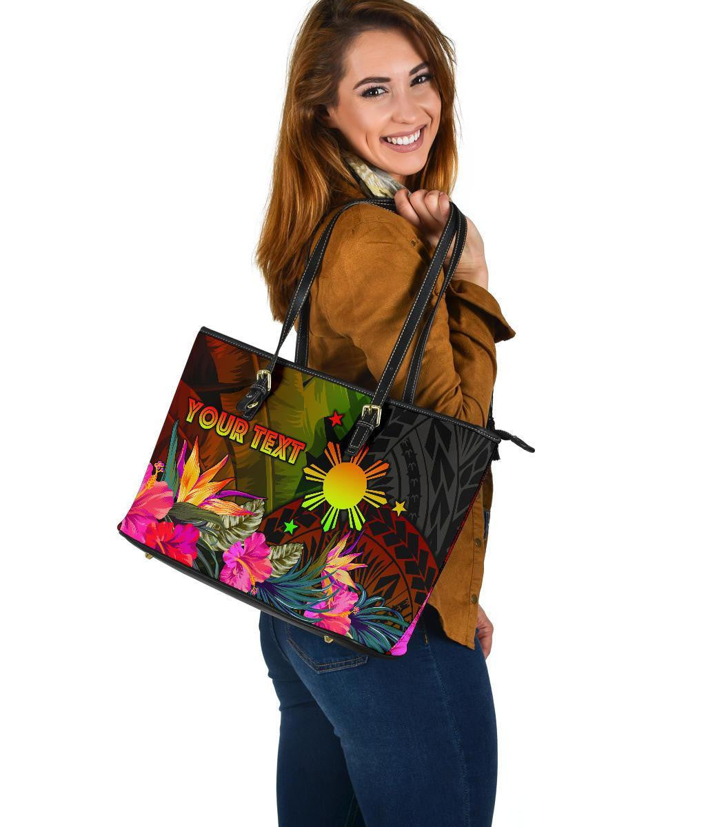 The Philippines Polynesian Personalised Leather Tote Bag Hibiscus and Banana Leaves RLT6